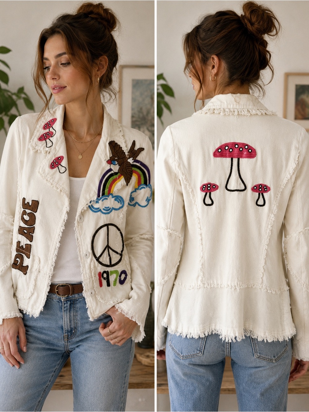 Women’s White Embroidered 'Peace' Jacket with Rainbow & 1970 Motif